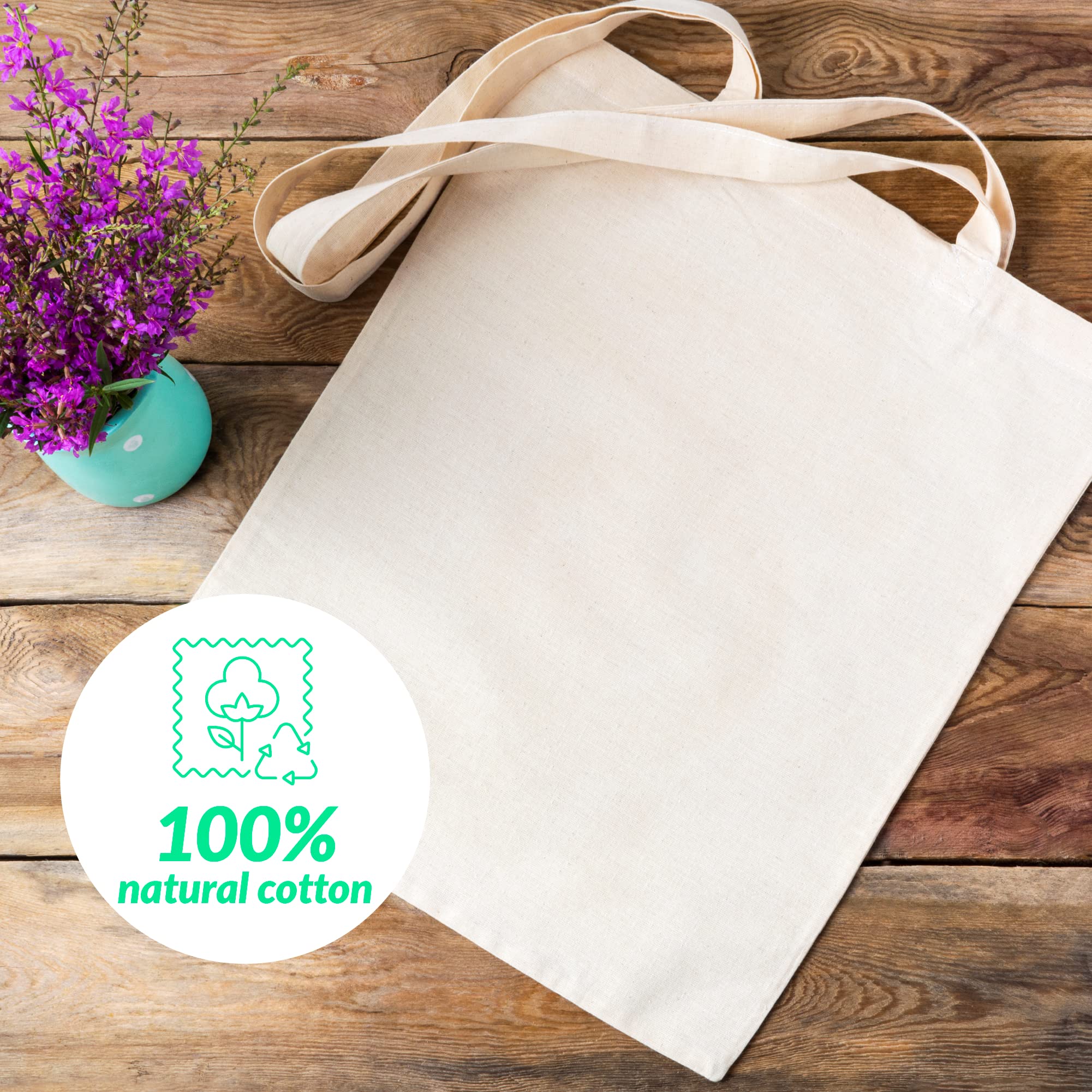 Tote Bag, Lot de sacs couleurs 100% coton, à longues anses, lavables et réutilisables. Sac en jute. Cabas en Tissu à Poignées Solides pour les Courses, longues poignées. Sac Shopper Sacs en coton