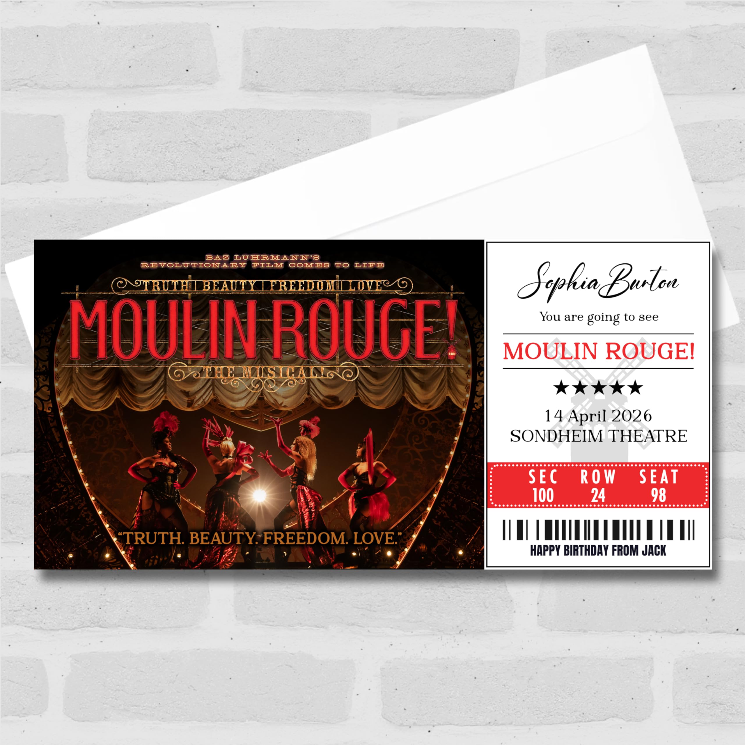 Greetings Card - Moulin Rouge Personalised Gift Voucher Surprise Theatre Show Ticket | Custom Greetings Card | Surprise Reveal Voucher Spoof Ticket