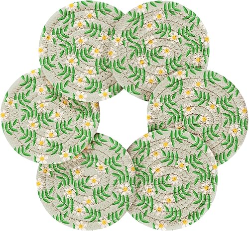 Miniatura 2 de innewgogo White Flower 6 Pcs Absorbent Drink Coasters for Tabletop Protection Handmade Round Woven Coaster with Holder & Heat Water Resistant Bulk