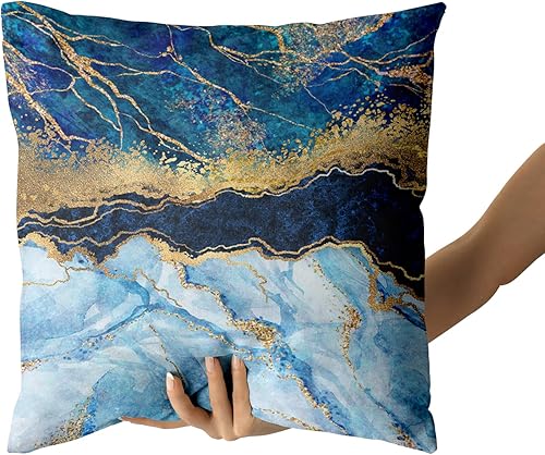 Miniatura 4 de Kawani Juego de 2 fundas de almohada azul marino de 18 x 18 pulgadas, fundas de almohada de mármol abstracto dorado y verde azulado, turquesa,