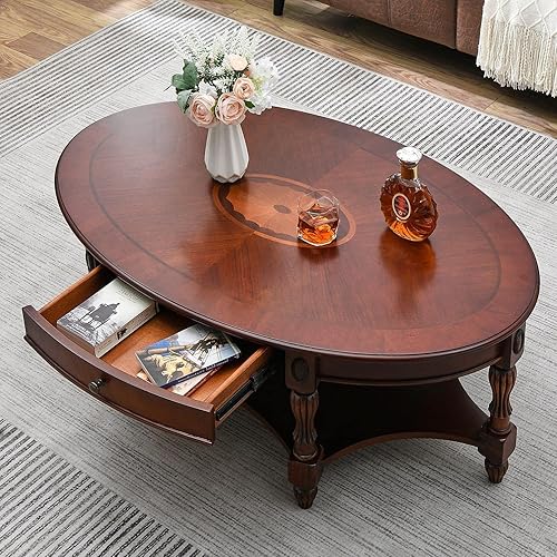 LEEMTORIG Oval Coffee Table for Living Room, Cherry Solid Wood