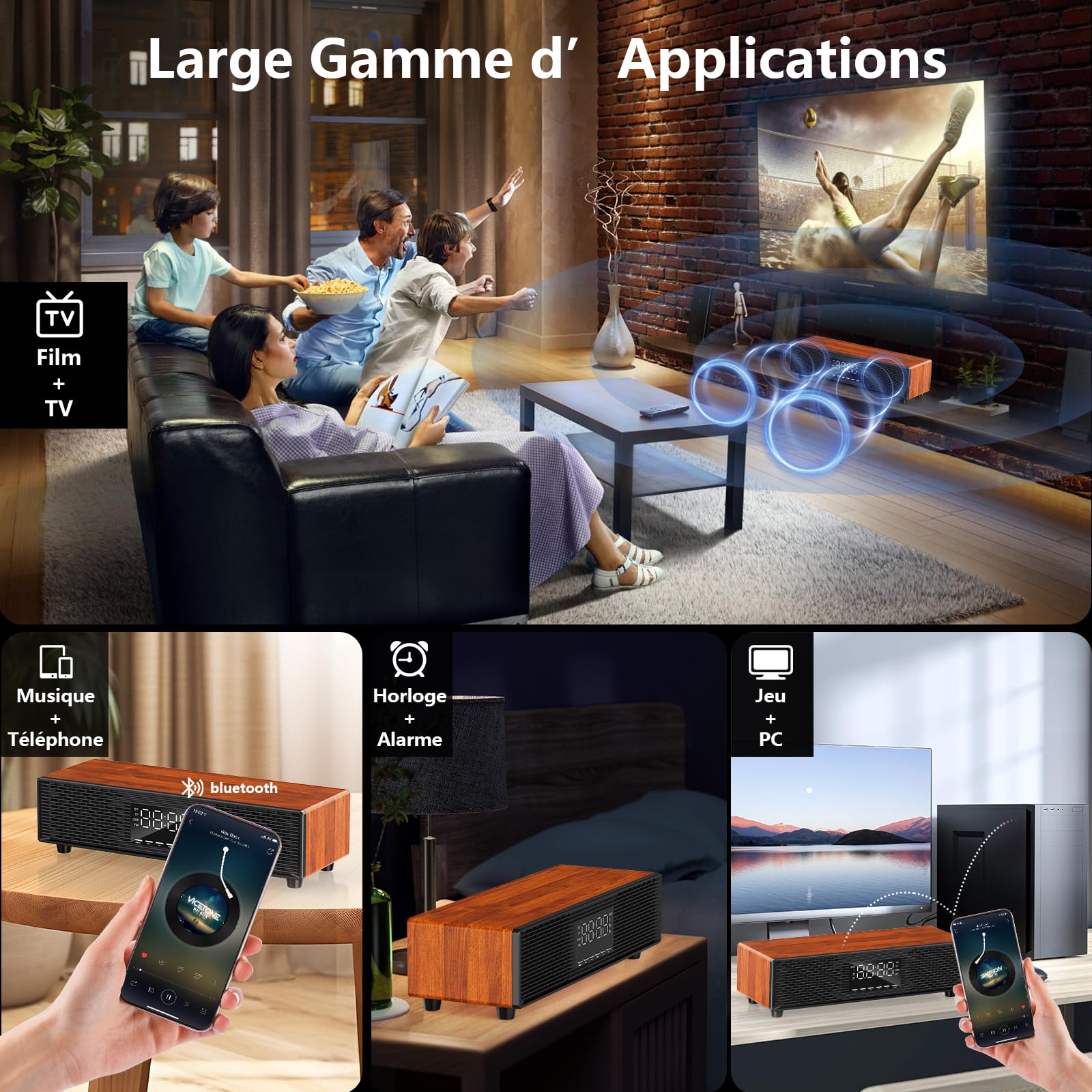 JYX Soundbar con due microfoni wireless, sistema audio home cinema con Bluetooth, display LED, sveglia, telecomando, effetto legno, per karaoke e TV