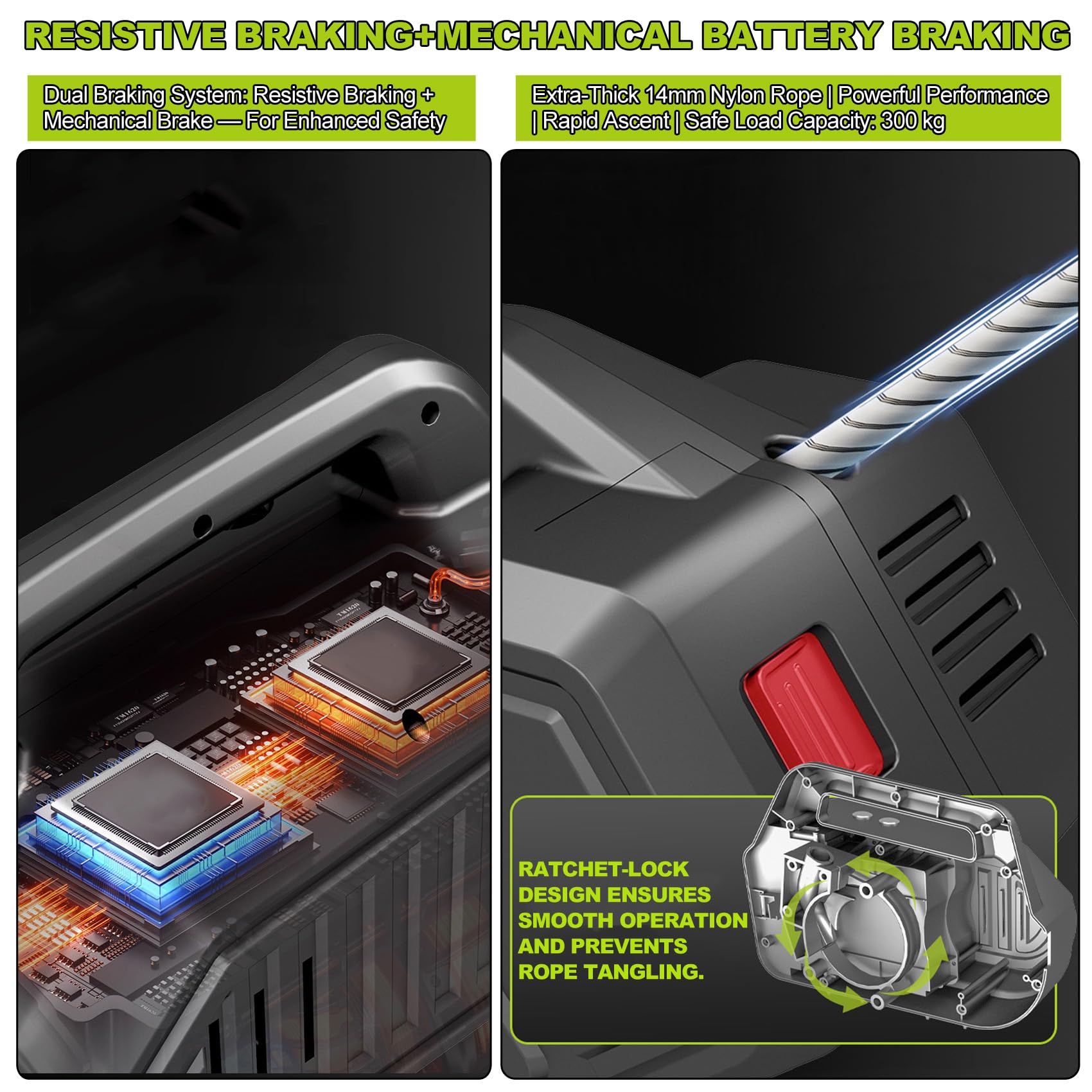 800w,Polipasto eléctrico de 300 kg, 20 m, Motor silencioso sin escobillas, Ligero, con Control Remoto de 150 m, elevación rápida y Estable de 14 m/min