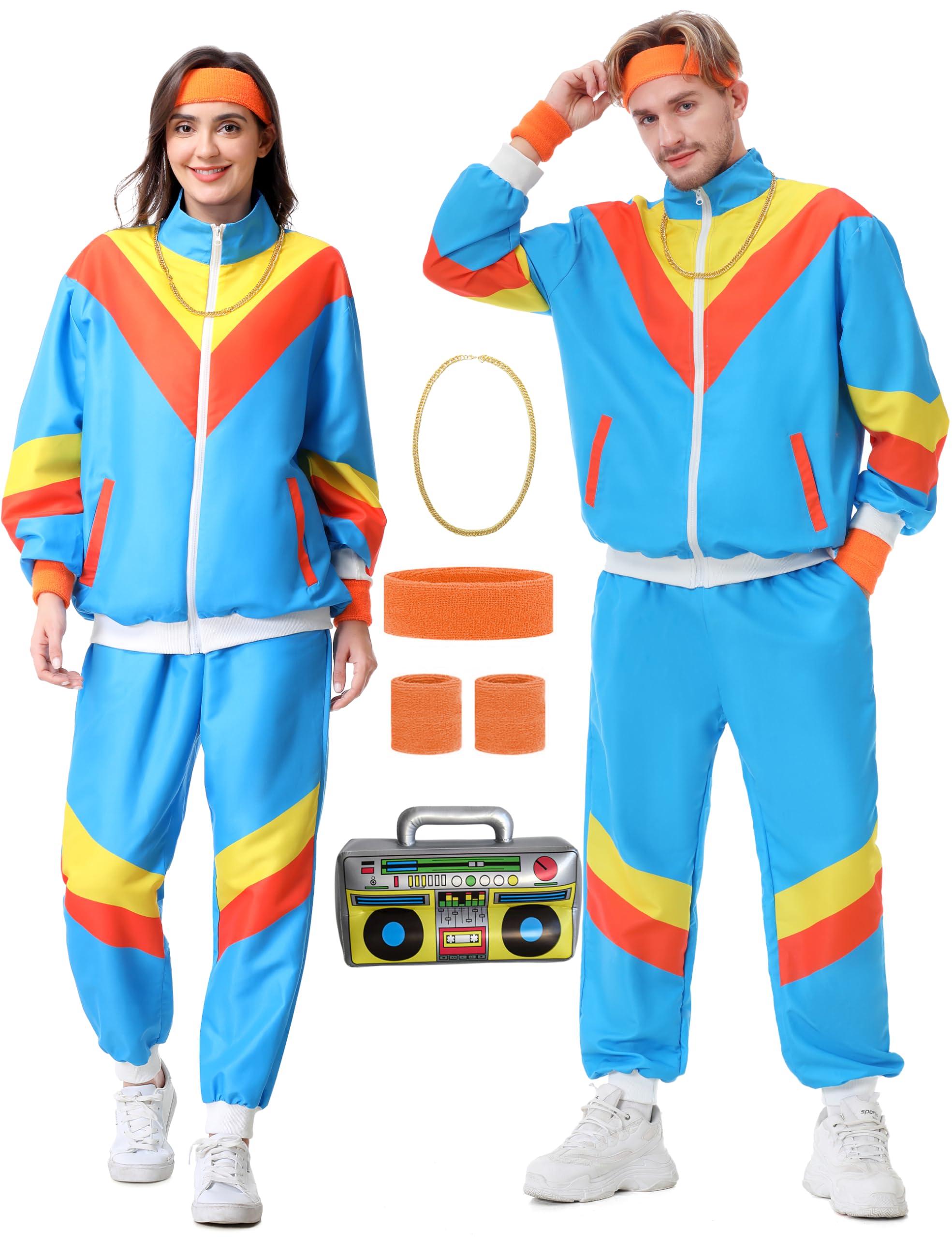 Disfraz de los años 80 y 90 para hombre y mujer, chándal de los años 80, chaqueta y pantalones, traje de chándal para hombre, estilo retro de los años 80, traje de los años 80, para carnaval