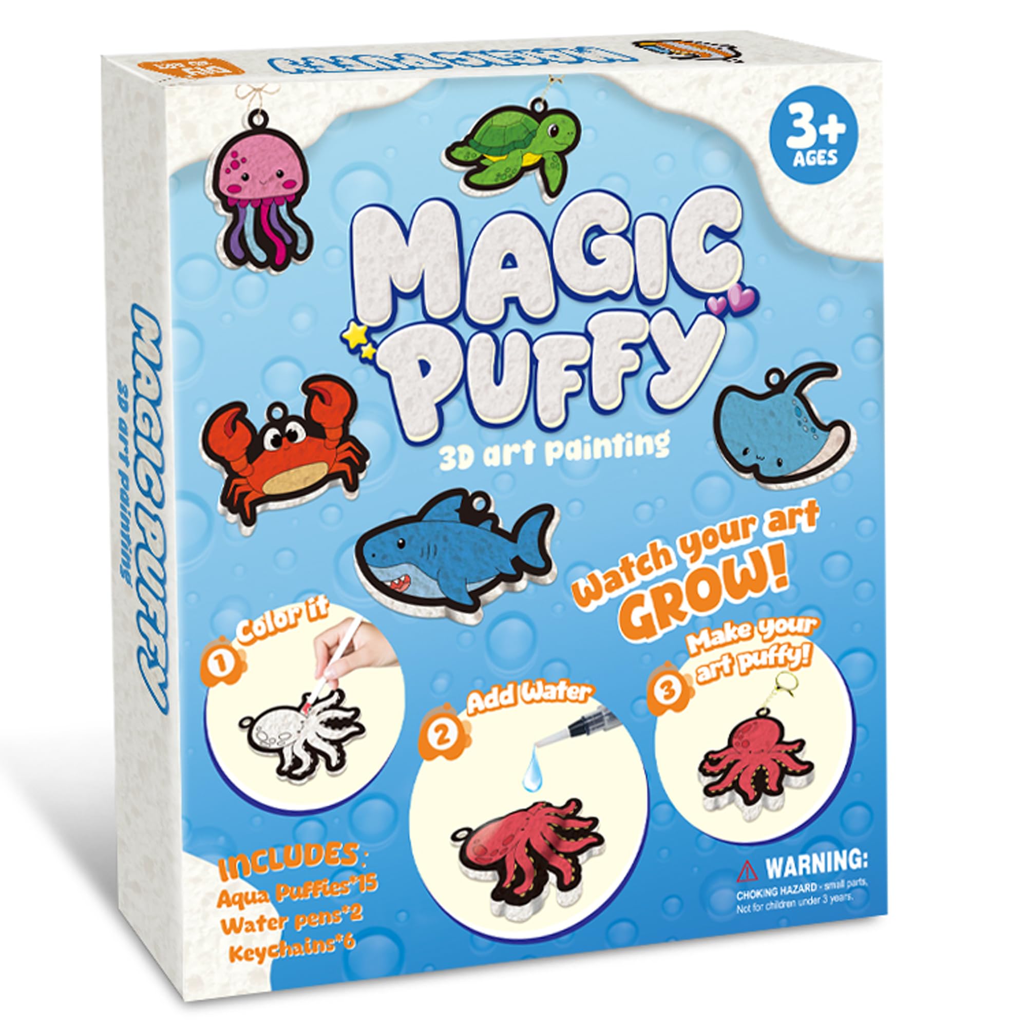 MZYTOZA Magic Foam Texture Painting Kit - 3D Art Craft Aqua Puffs Paint Kit, 15 Mess-Free Paint by Number Craft for Kids (Aqua Puffs - Marine Animals)