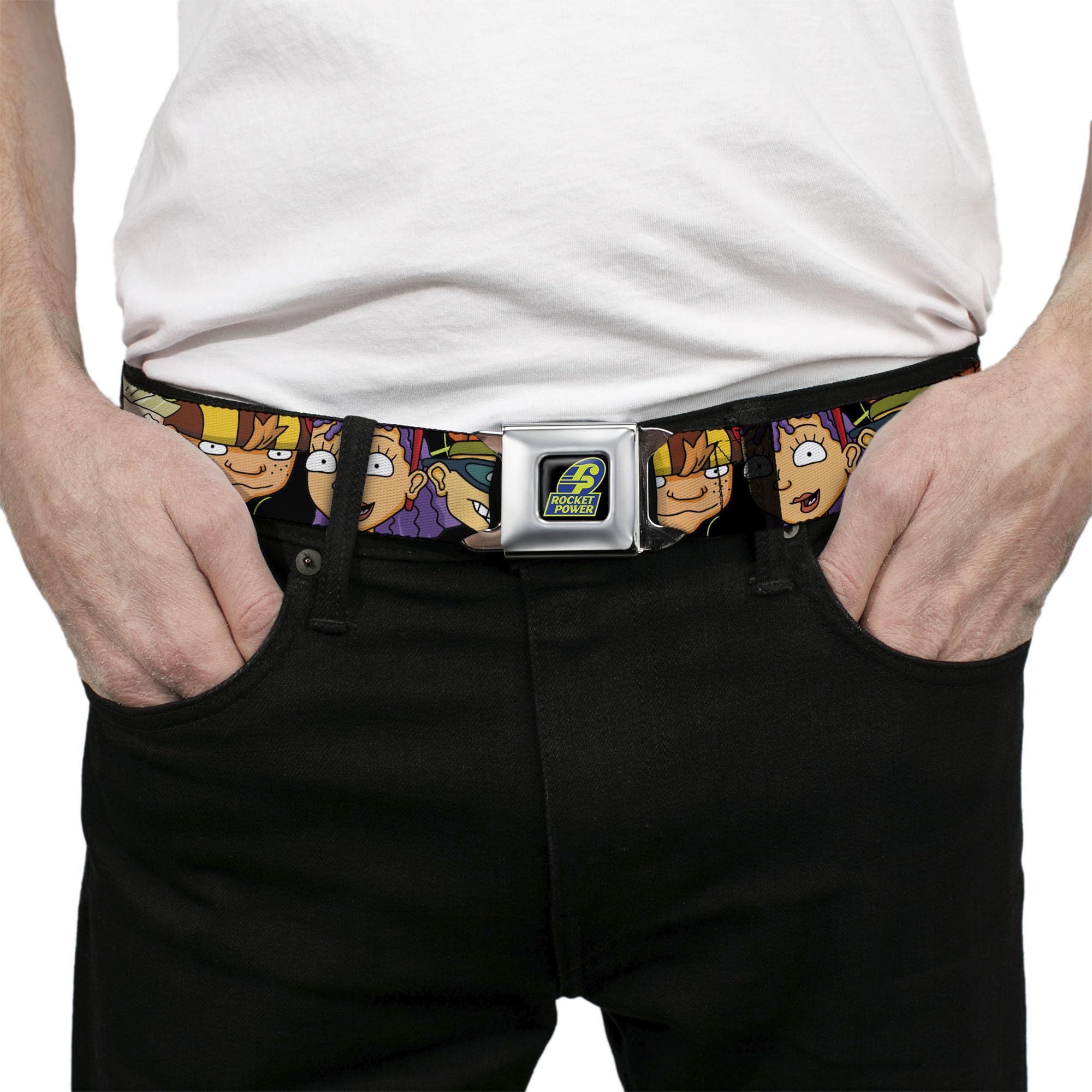 Buckle-Down Cinturón de Seguridad Hebilla Rocket Power Logo 4 Caracteres Primer Plano Negro Verde Azul 24 a 38 Pulgadas, 1.5" Wide-Fits Pant Size 24-38 Unisex Adulto
