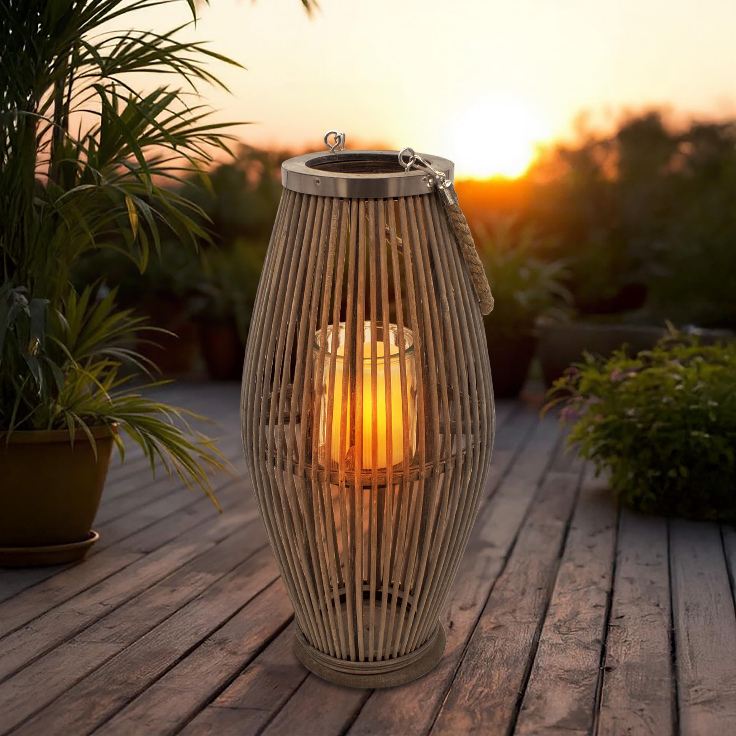XXL Bambus Laterne Shabby grau mit Kerzenglas - 50 x 24 cm - Holz Windlicht mit Jute Seil zum Hängen - Garten Deko Kerzenhalter Gartenlaterne Leuchte zum Hängen für Balkon Terrasse Innen Außen