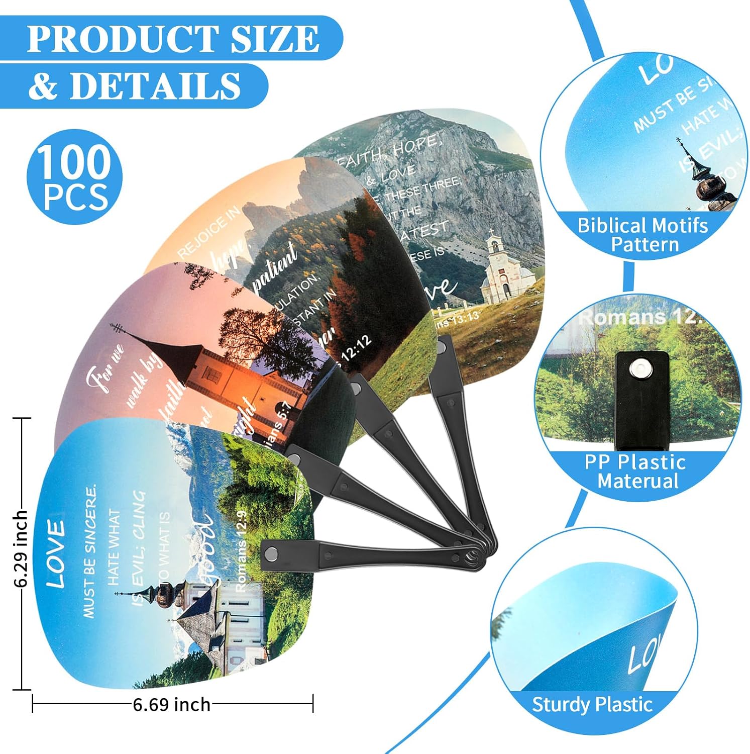 Geetery 100 Pcs Summer Church Christian Bible Fan Bulk Handheld Plastic Round Fourth of July Fans for Church Services Patriotic Party Decorations Gifts(Trendy Color,Bible Style)