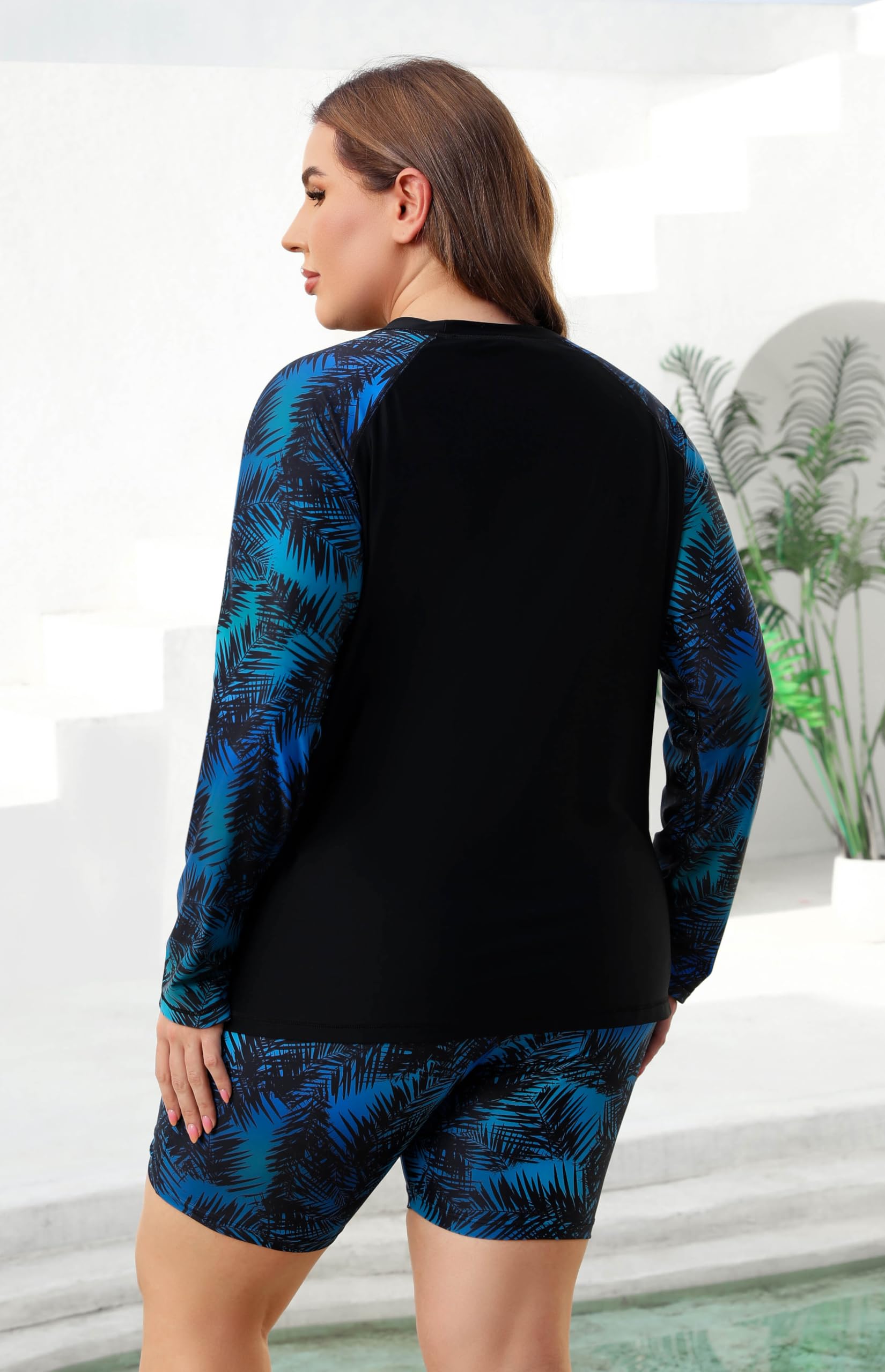Halcurt Integrierter Damen-BH, langärmelig, Rashguard, Übergröße, 2-teiliges Badeanzug-Shirt und Shorts
