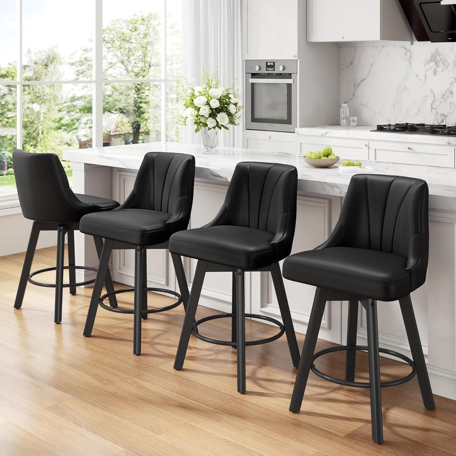 Counter Height Swivel Bar Stool, 24inch Upholstered PU Leather Barstools Set of 4, Counter Stool Chair with Back & Solid Wood Legs for Kitchen Island Dining Room (Black)