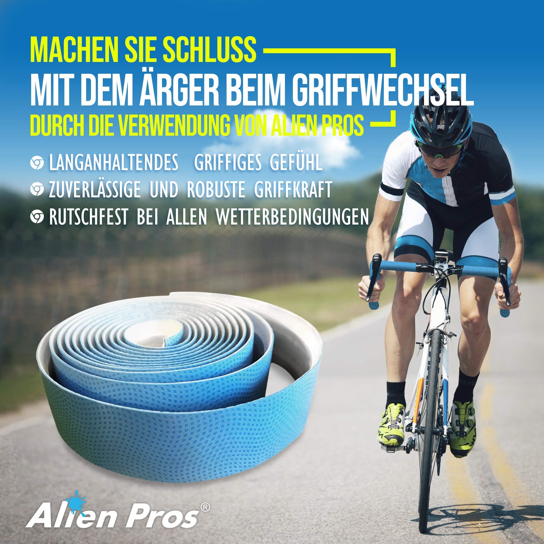 Alien Pros Nastro Manubrio Bici PU Nero Rosso Bianco Blu Rosa Verde - Avvolgi la Tua Bici per Una Fantastica e Confortevole Corsa (Set di 2, Blu)