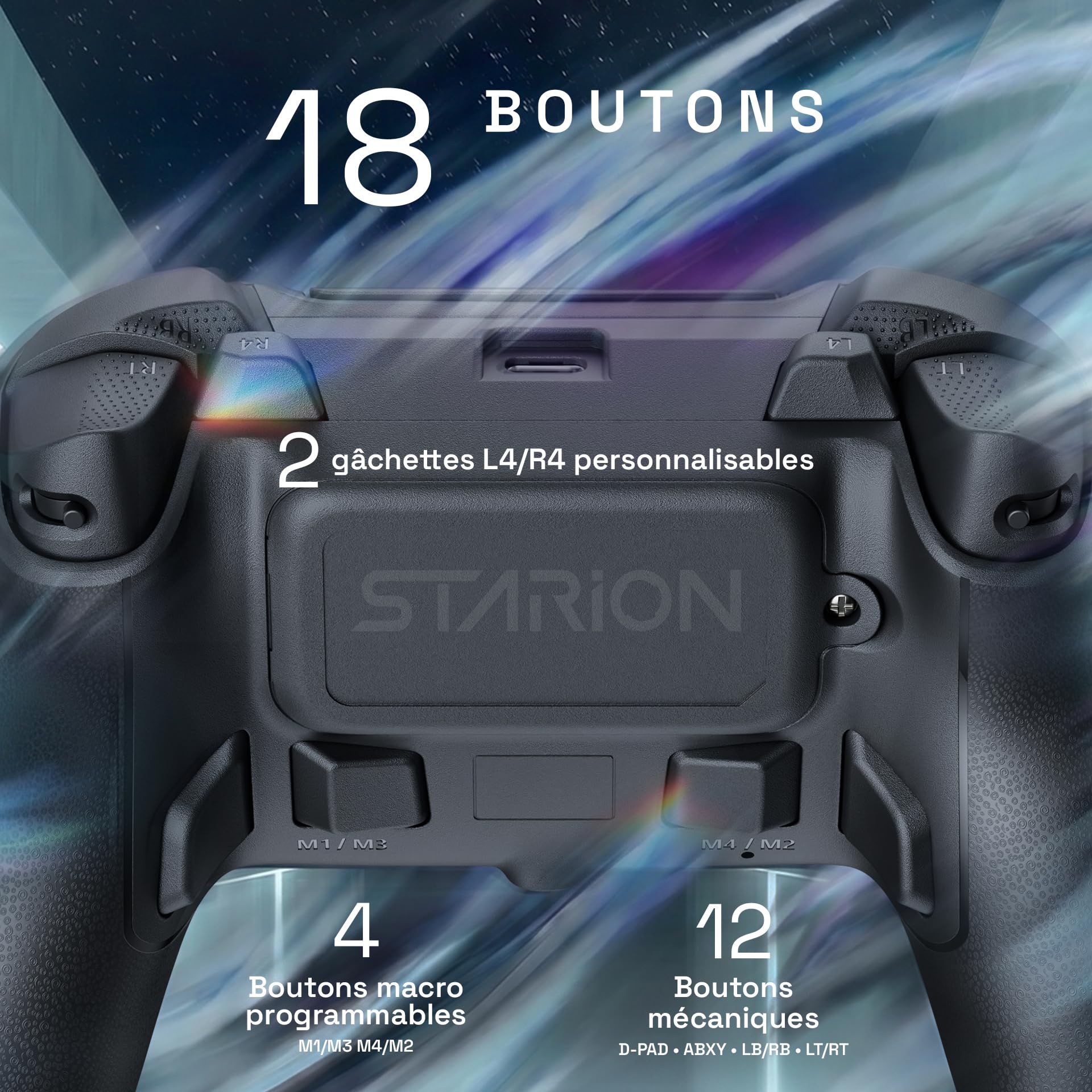 Oniverse Manette sans fil pour PS5/PC/Steam Deck - Starion - Joystick et gâchette Hall Effect, Palettes macro programmables, Gâchettes L4/R4, Pavé tactile, Anti-Drift, Bluetooth/USB-C - Black