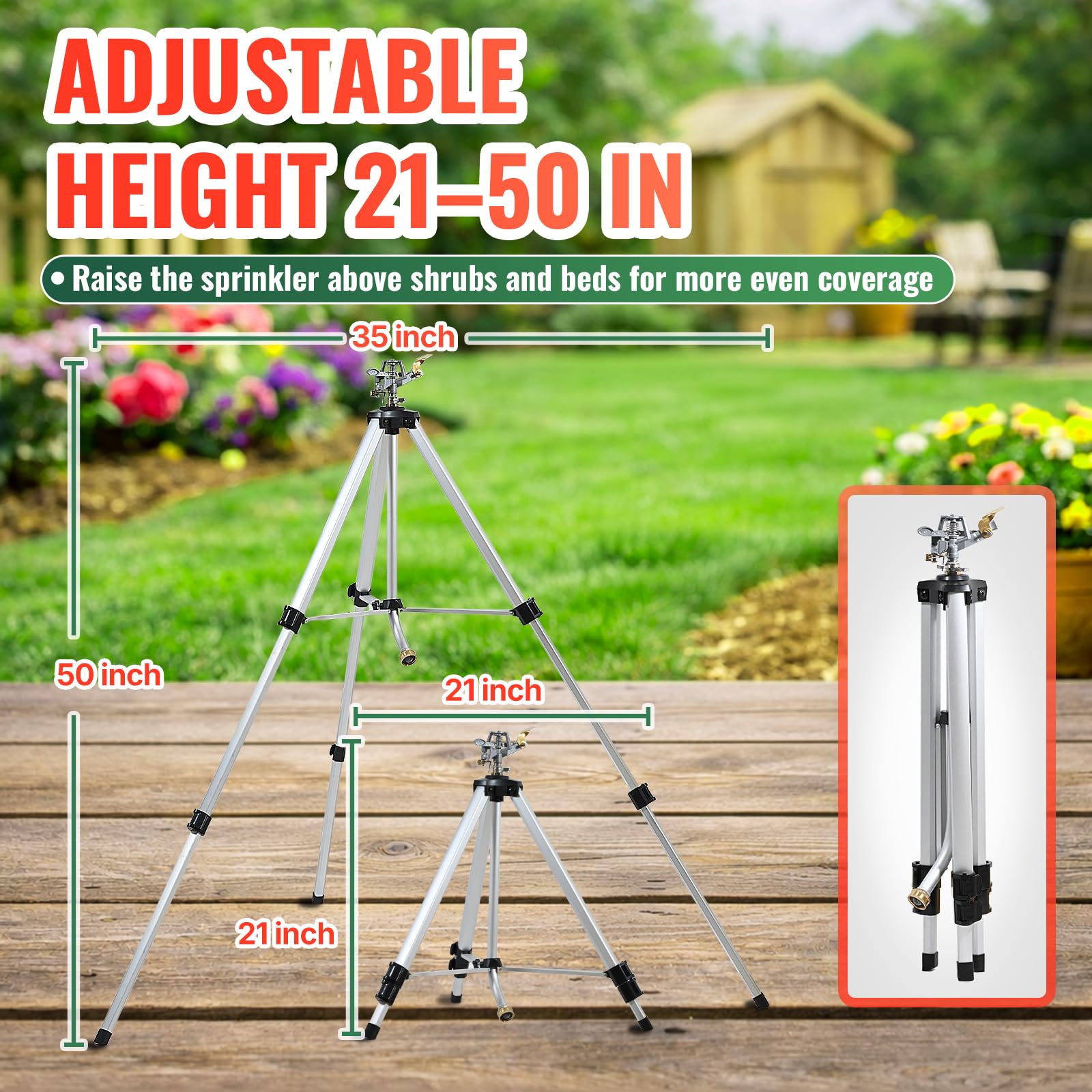 YAMATIC Aspersor de impacto en base de trípode, aspersor de metal resistente de 50 pulgadas para patio, cabezal de zinc giratorio de 360 grados para áreas grandes, conector de latón de 3/4 pulgadas