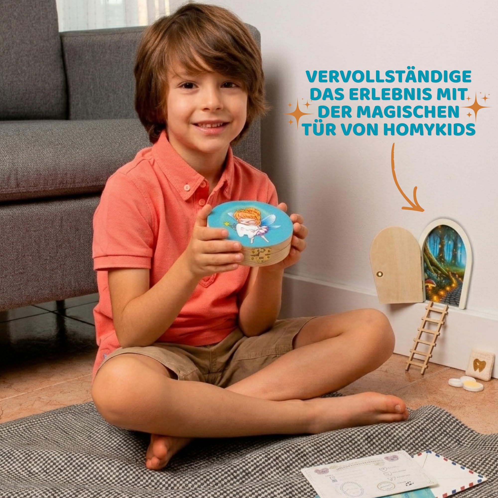 HOMYKIDS® Milchzahnbox für Jungen und Mädchen [DEUTSCH] – Zahnbox für Milchzähne - Zahndose aus Naturholz + [E-BOOK KOSTENLOSES] – Zahnfee Box (Deutsch - Zahnfee)