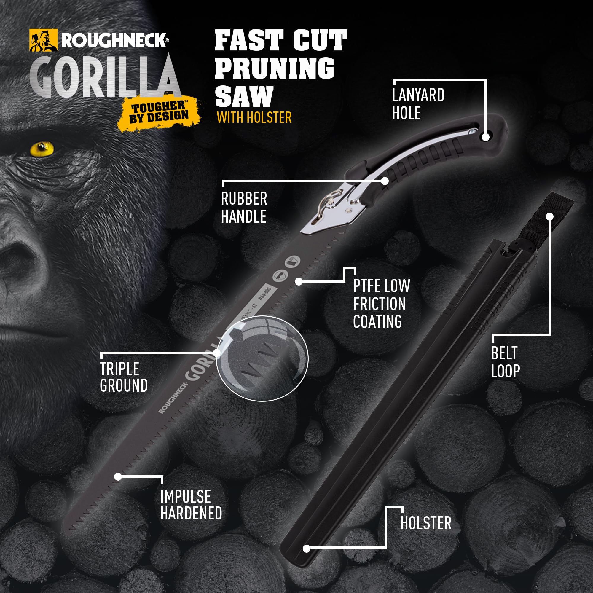 Scie d'élagage Roughneck Gorilla Fast Cut avec lame de 350 mm, denture triple affûtée et revêtement PTFE, acier chromé, poignée en caoutchouc antidérapante avec œillet pour dragonne et étui