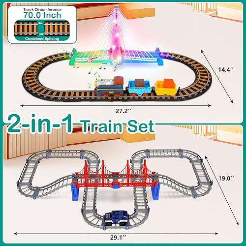 Miniatura 7 de Juego de tren eléctrico para niños de 4 a 8 años con juego de pistas de tren y pistas de automóvil, puente iluminado, señal de tráfico, sonido