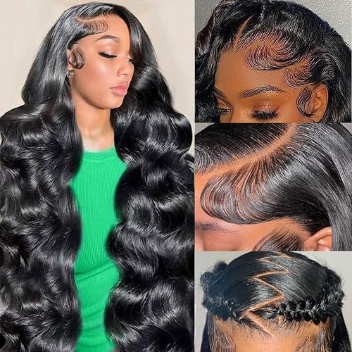 32 Inch 13x6 Body Wave Lace Front Wigs Human Hair 200 Density HD Lace Front Wigs Pre Plucked Brazilian Virgin Human Hair Wigs for Women Glueless Frontal Wigs Human Hair Natural Black Body Wave Wig