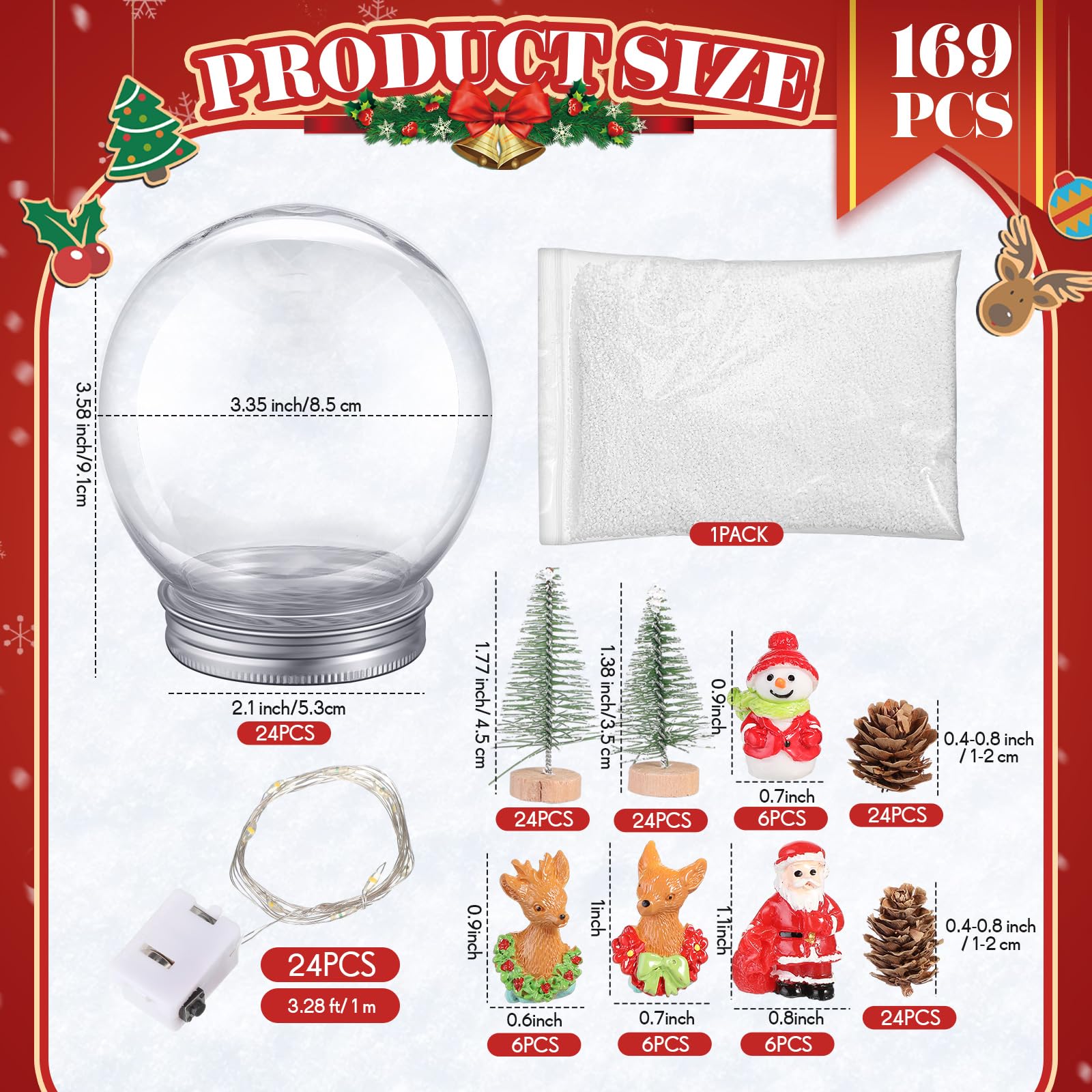 Liliful Lot de 24 boules à neige LED en plastique transparent avec mini sapin de Noël artificiel pomme de pin Père Noël, bonshommes de neige, renne, flocons de neige artificiels pour Noël, vacances,