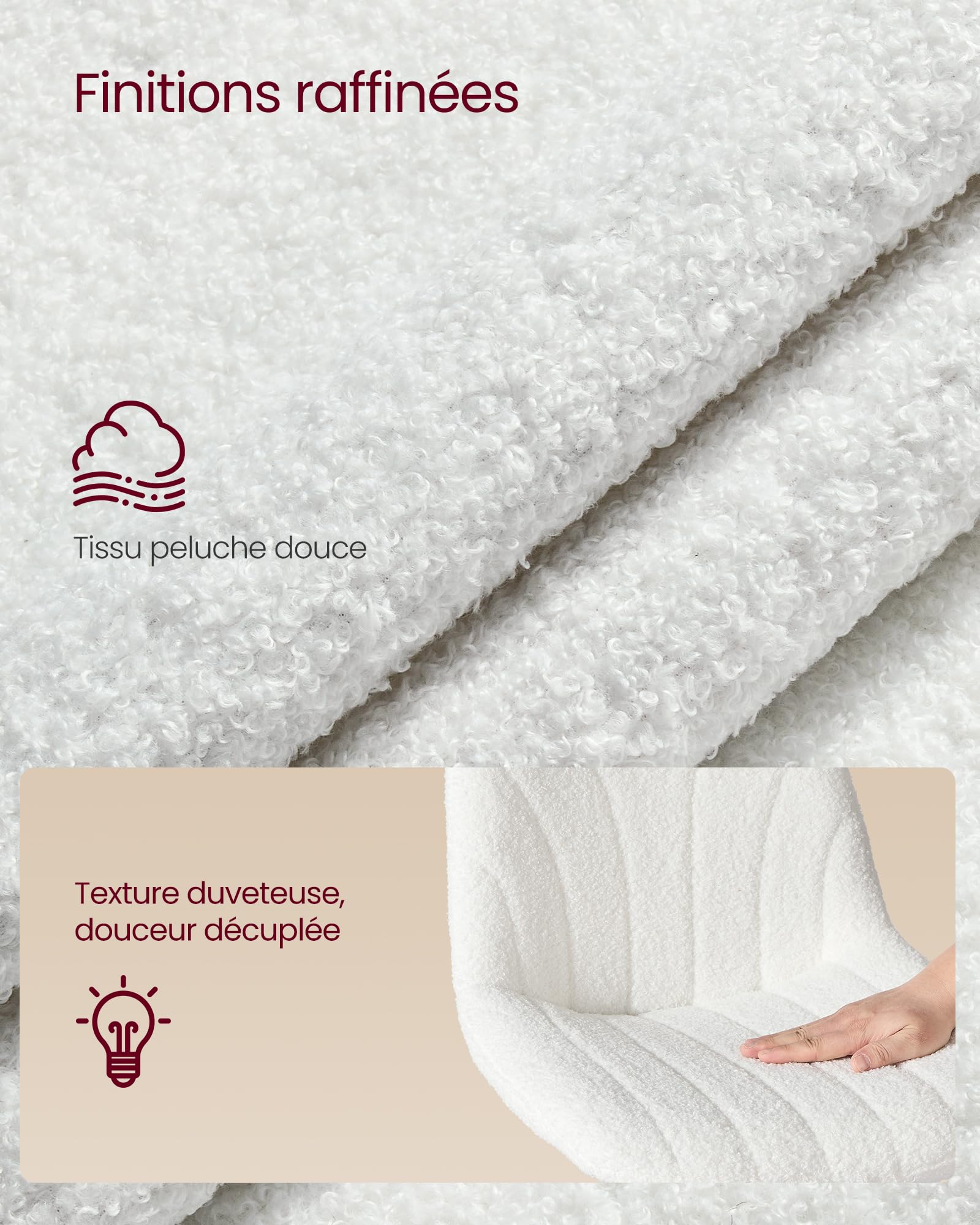 VASAGLE Tabouret Coiffeuse, avec Dossier, Chaise Coiffeuse Hauteur Réglable, Rotation à 360°, pour Chambre, Salle à Manger, Tissu Peluche, Blanc Crème LJB160WD01