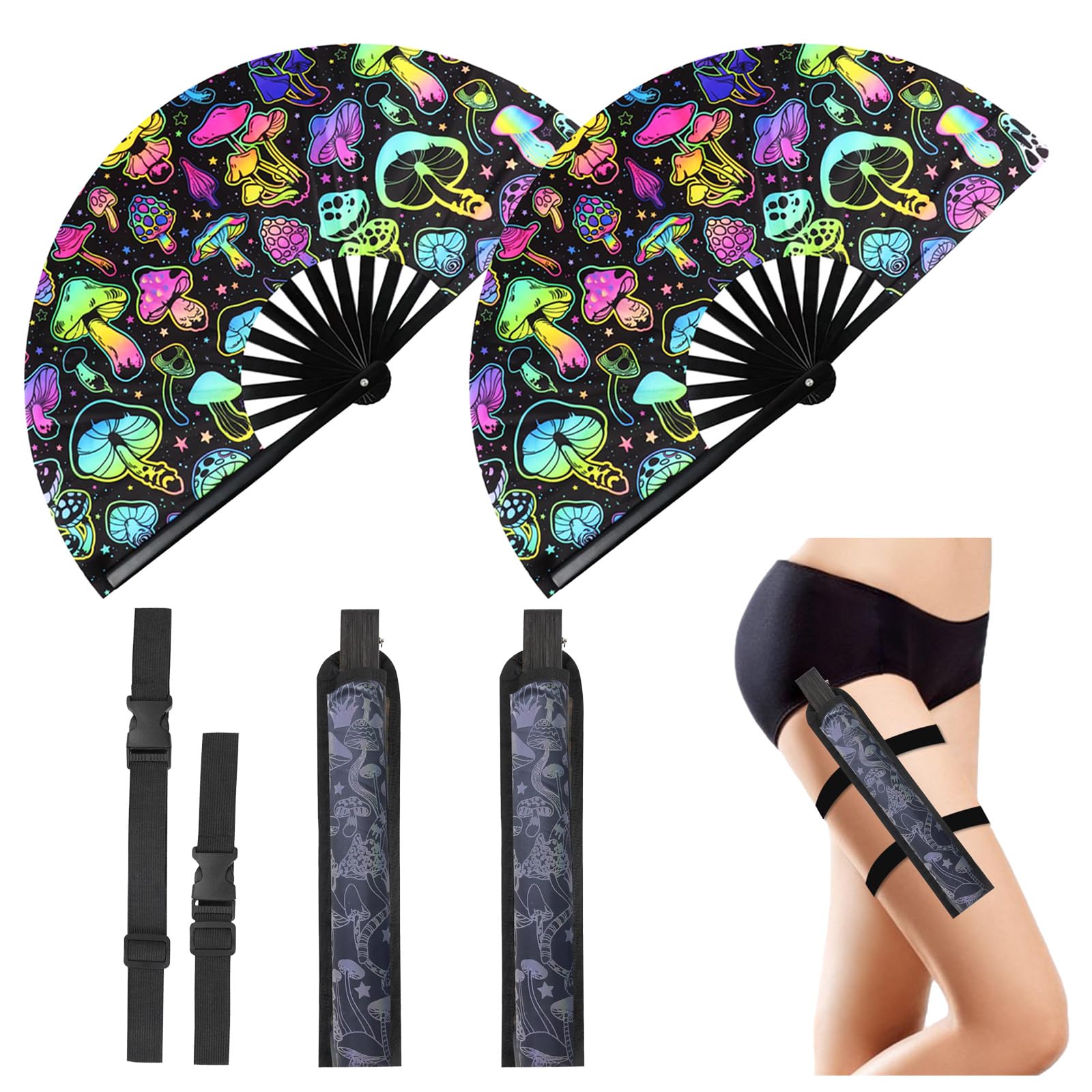 Photo 1 of FEFURS 2PCS UV Glow Rave Fan,13in Large Folding Hand Rave Fan with 2 Rave Fan Thigh Holsters,Clack Fan for Line Dancing,Music Festivals,Disco,Glow Party.(Mushrooms)