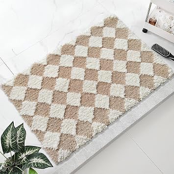 Beige Bathroom Rugs Checkered Cute Bath Mat Soft Super Absorbent Non Slip TPR Backing, Quick Drying, Machine Washable Bath Mats for Bathroom Floor, Shower Sink,31" x 20"