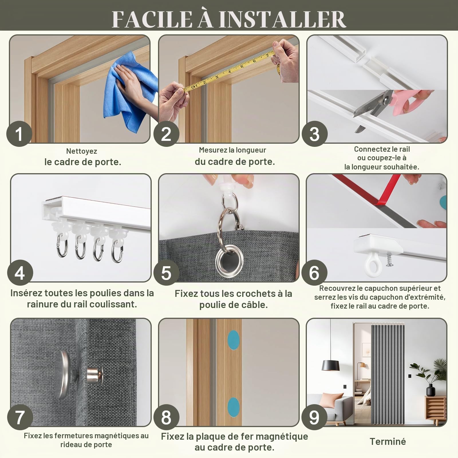 Rideau de Porte magnétique avec Tringle, sans perçage, 140 x 200 cm, Rideau occultant Pliable, Rideau Thermique Opaque avec Fermeture magnétique, Fixation adhésive pour séparation de pièce (Gris)