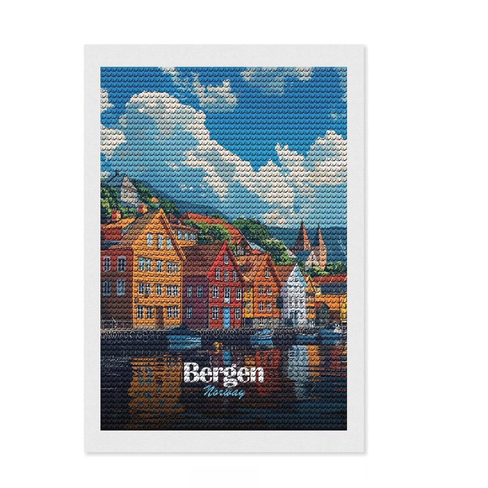 Junmoney Bergen, Norway Cityscape Diamond Painting Canvas Kit 8"x12", Winter Craft, Christmas Gift, Aesthetic Room Decor, Canvas Picture