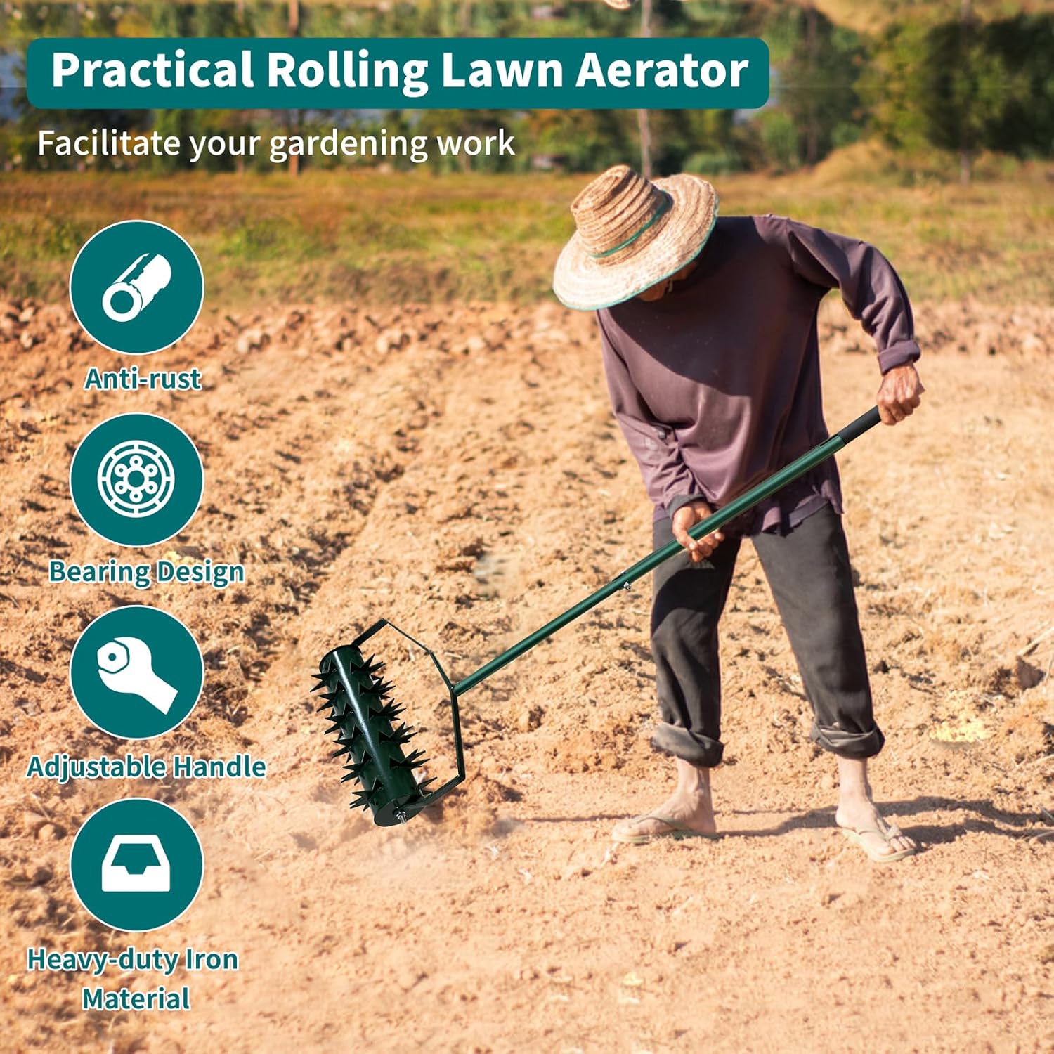 Rolling Lawn Aerator, Manual Grass Spike Roller with 135cm Detachable Handle, Handheld Rotary Roller, Heavy Duty Steel Lawn Aerator Tool for Outdoor &, Sharp Steel Spikes