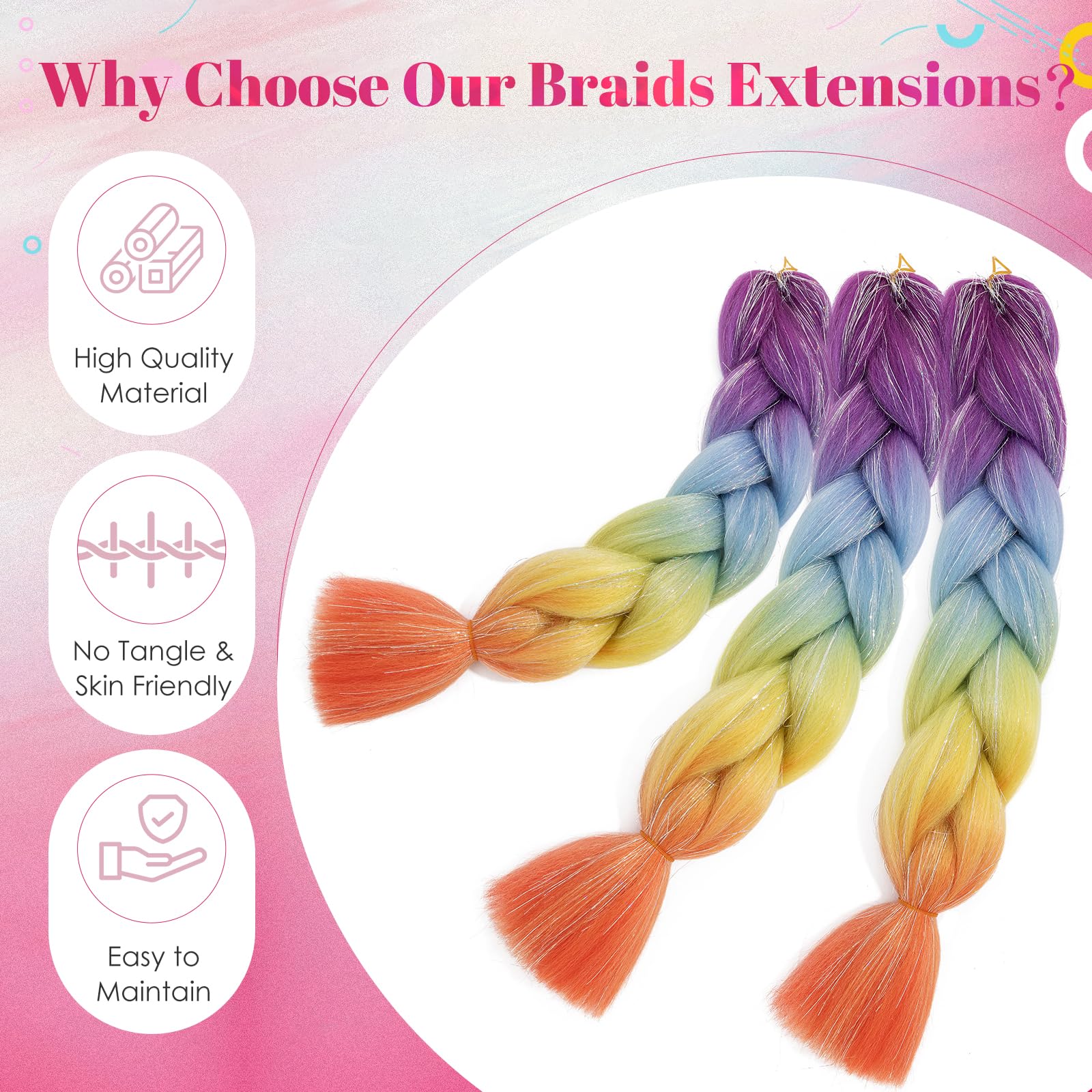 Benehair 24 Inches Braiding Hair Sparkly Braids Extensions Hair with Tinsel Mashup Colorful Synthetic Hair for Braid Hair Extensions for Women(Purple-Blue-Orange - Image 4