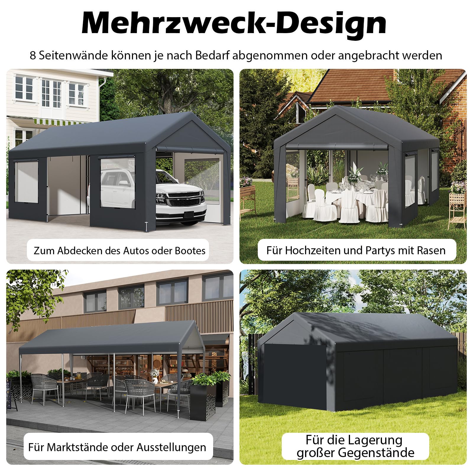COSTWAY Garaż namiotowy, wiata 595 x 300 cm, garażowy z 8 zdejmowanymi ściankami bocznymi, drzwiami zwijanymi i wentylowanymi oknami, wiklinowy, magazynowy, zadaszenie garażowe