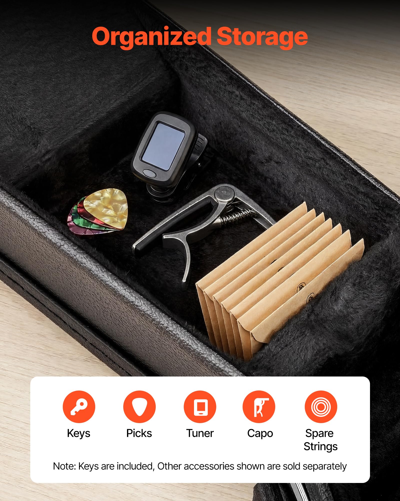 VEVOR Estuche para Guitarra Eléctrica de 39 Pulgadas 99,1cm Negro de Madera, para Guitarras Les Paul, con Cerradura, Inserto de Espuma, Llaves, Compartimento para Accesorios, Resistente al Desgaste