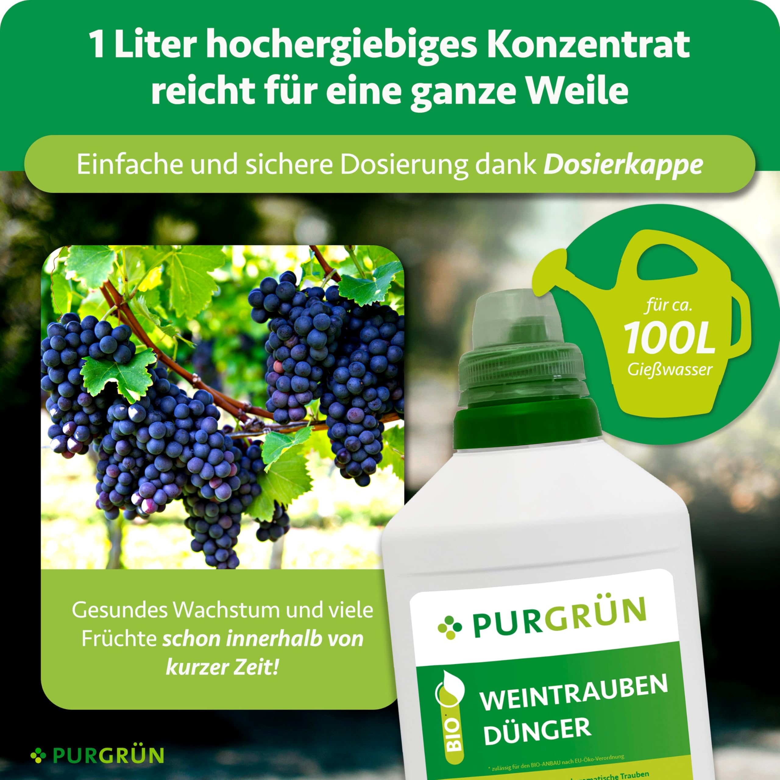 Bio-Weintrauben-Dünger 1 Liter – Organische Rezeptur – Premium-Flüssigdünger – NPK 4+1+7 – Mit Algenextrakt & Vinasse – Extra Kalium für aromatische Trauben – Ohne tierische Inhaltsstoffe