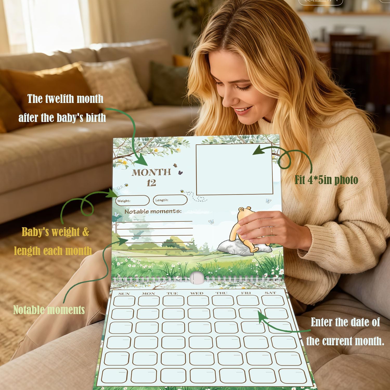 Babykalender Erstes Jahr mit Aufklebern, Winnie Baby Erstes Jahr Erinnerungsbuch, Baby Meilenstein-Kalender, Baby erstes Jahr Andenken Buch, Baby Ultraschall Foto Erinnerungsbuch, Babyparty Gästebuch