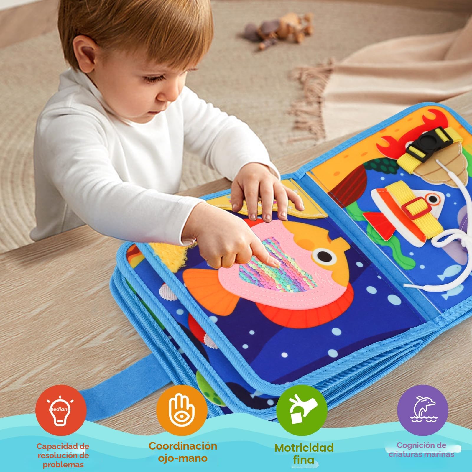 LZDMY Libro Montessori para Niños 1 2 3 Años, Busy Board Tablero Sensorial Educativo con Tema Oceánico, Juguete Interactivo de Motricidad Fina, Juguetes Actividades Portátil, Regalo de Cumpleaños