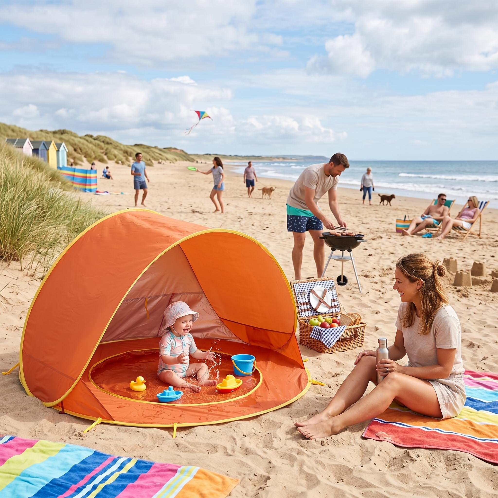 Tente de plage, protection solaire pop-up avec protection UV UPF 50+ et piscine pour bébé intégrée, portable, légère, montage facile pour les tout-petits, les voyages en plein air, le camping
