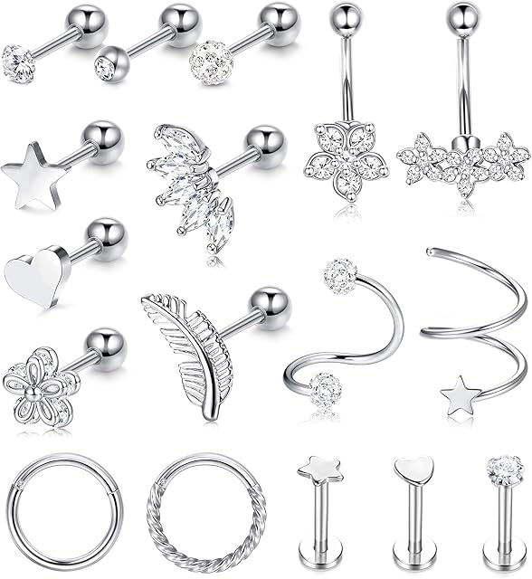 Kakonia 17Pcs Cartilage Earrings for Women Surgical Steel Tragus Helix Daith Rook Conch Piercing Jewelry 16G Earrings