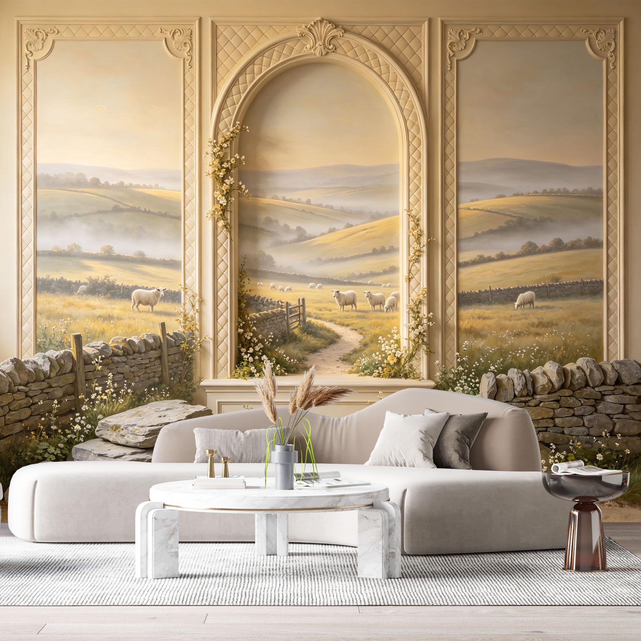 Custom Size Wall Murals Farmhouse Landscape Sheep Pastoral Arch 3D Trompe L'Oeil SelfAdhesiveWall Fabric Removable Wallpaper Wall Decor for Living Room Bedroom Bathroom