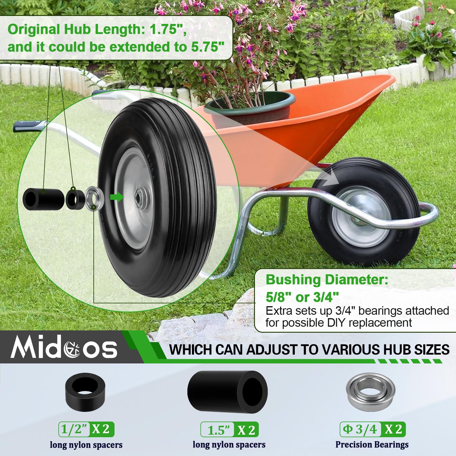 13" Flat Free Garden Cart Wheels (4.00-6) With 5/8" & 3/4" Bearings - Solid Tires For GOR Carts & Wheelbarrows