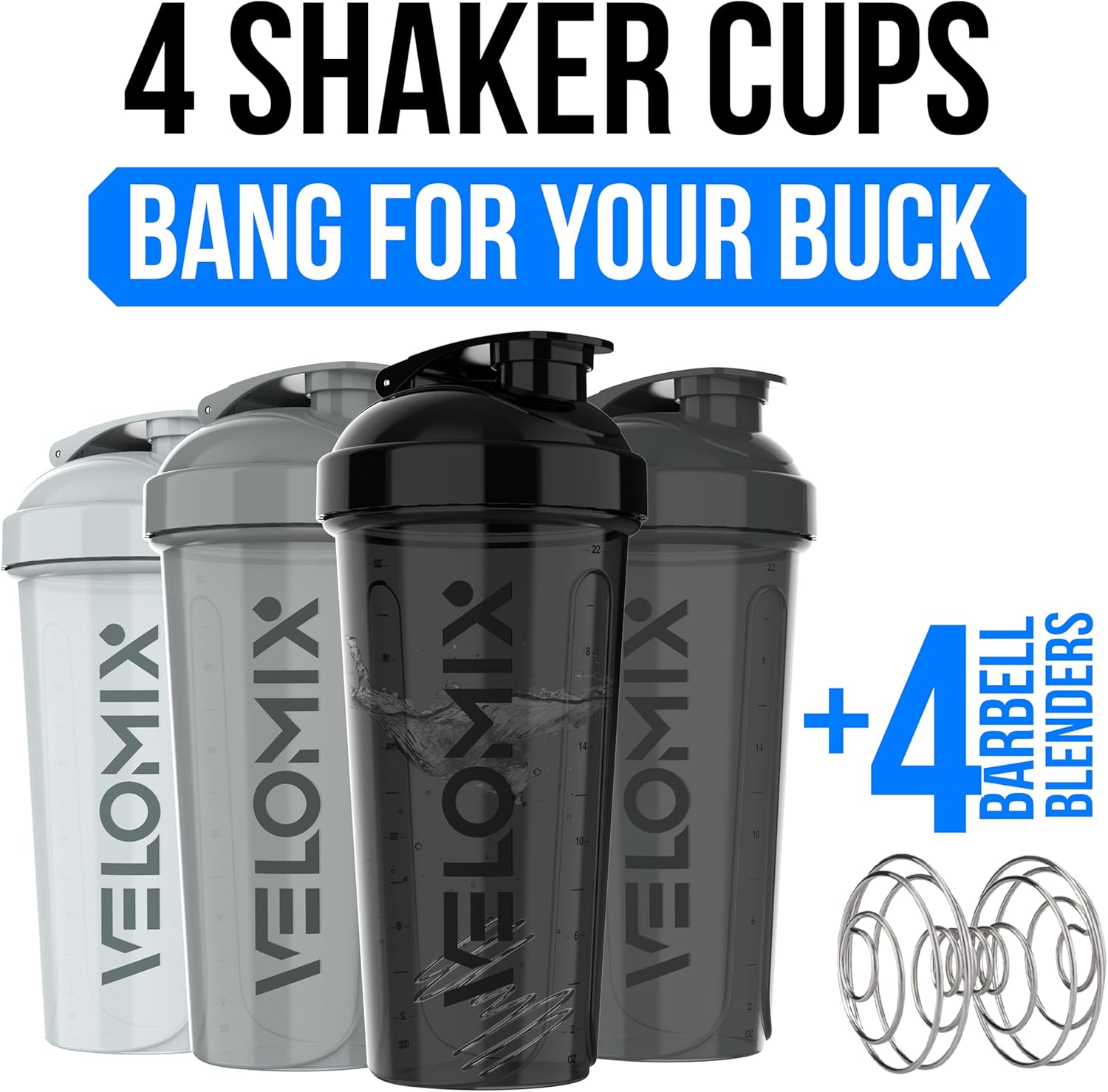 VELOMIX -4 Pack- 28 oz Protein Shaker Bottles for Protein Mixes - 4x Wire Whisk | Leak Proof Shaker Cups for Protein Shakes | Protein Shaker Bottle Pack (Silver Mix) - Image 2