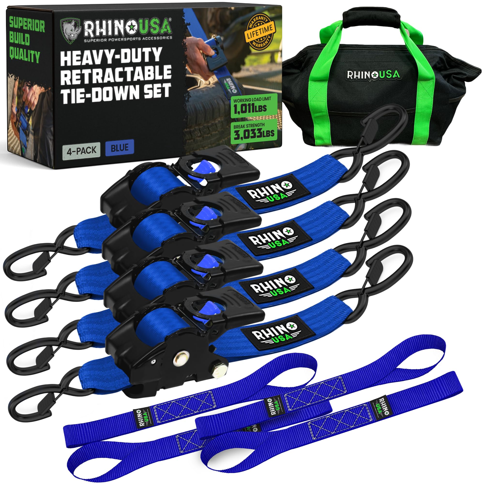 Rhino USA Retractable Ratchet Straps (4-Pack) - 2 Inch x 10 Feet (3,033lb Break Strength) - Heavy Duty Auto Self Retracting Tie Down Straps for Truck, Cargo Trailer, Motorcycle, Rad & More - Blue