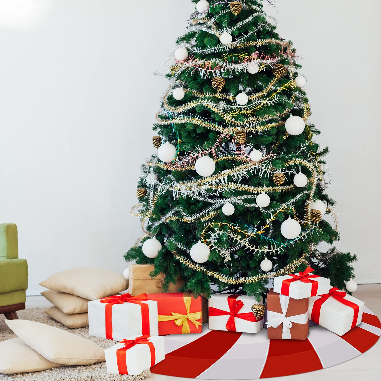 48 Inch Reversible Christmas Tree Skirt – Red & White Candy Cane Peppermint Swirl Design, Double-Layer Fabric, Rustic Farmhouse Holiday Decor - View #2