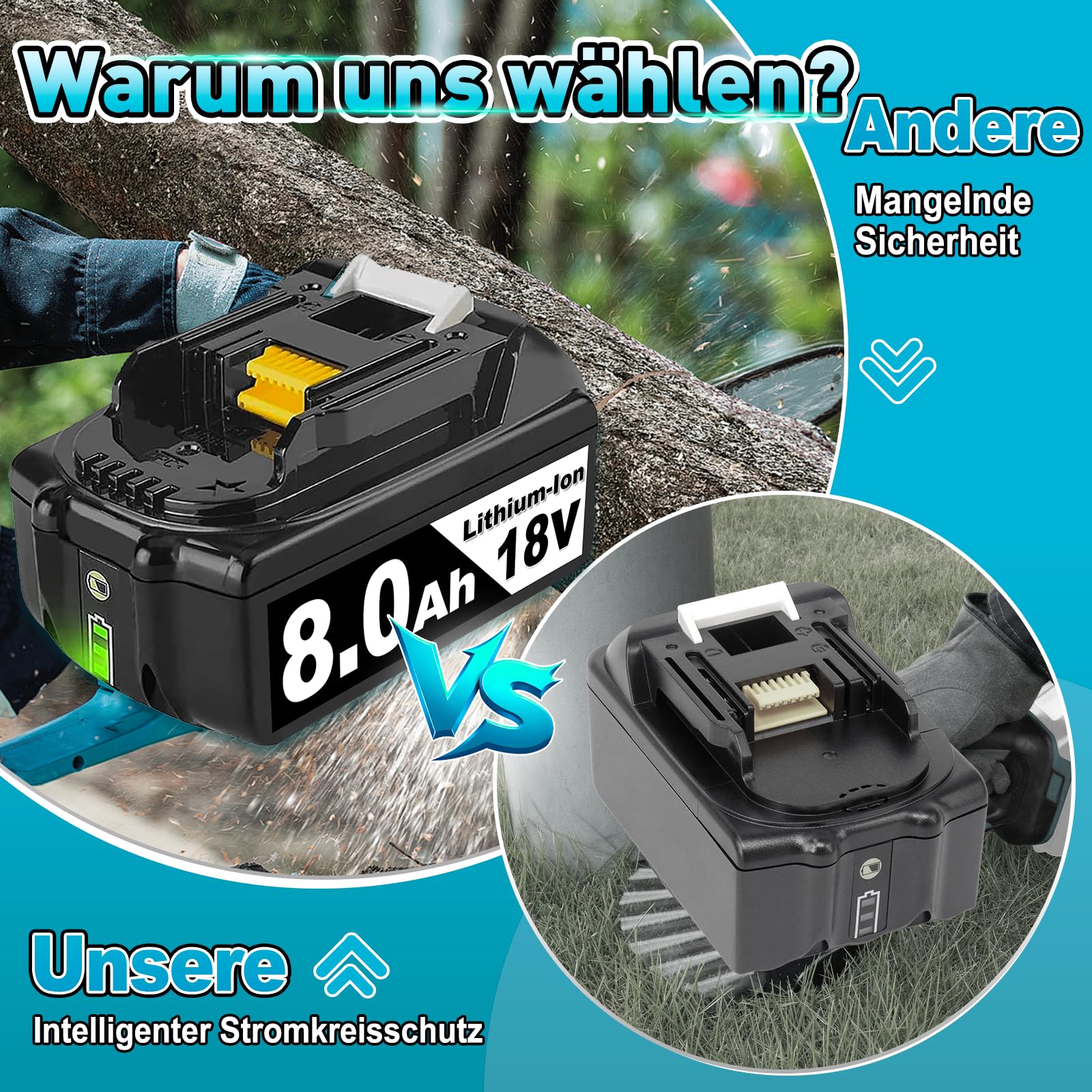 2 Stück 8000mAh 18V Li-ion Akkus Kompatibel mit Makita Akku 18V BL1860B Ersatz für Makita Akku BL1860B BL1850B BL1840 BL1830 BL1815 BL1835 BL1845 BL1850 194205-3 mit LED Indikator (2) - 4