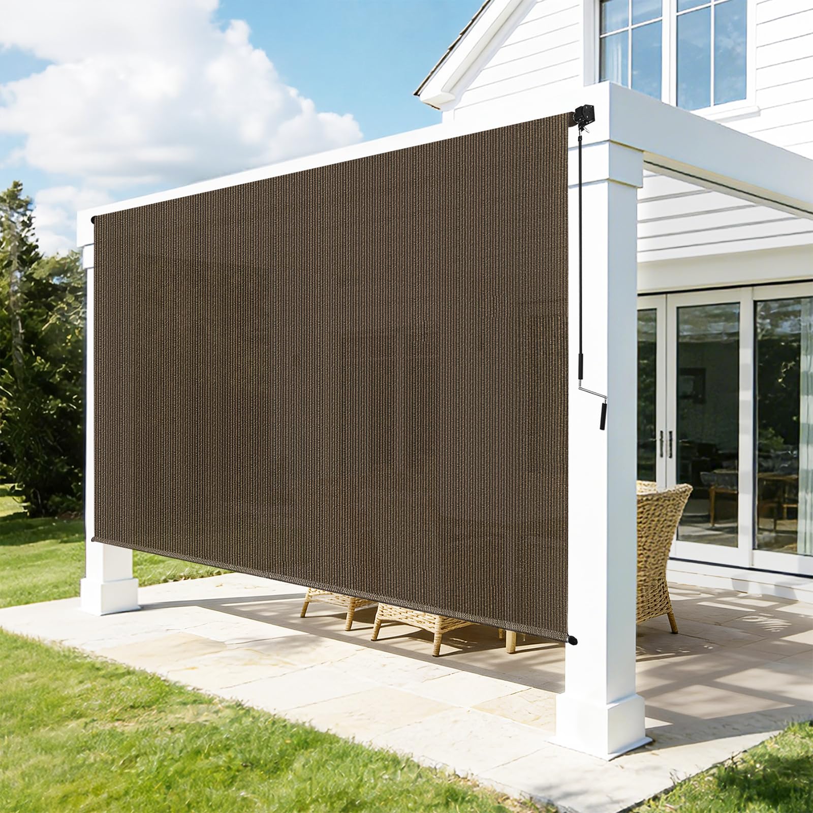 Outdoor Roller Shades for Patio, 8' W x 6' H Cordless Patio Shades Roll Up Outdoor Blinds with Splicing Design, 90% UV Protection for Porch Gazebo Pergola, 2 Poles & 1 Fabric, Mocha