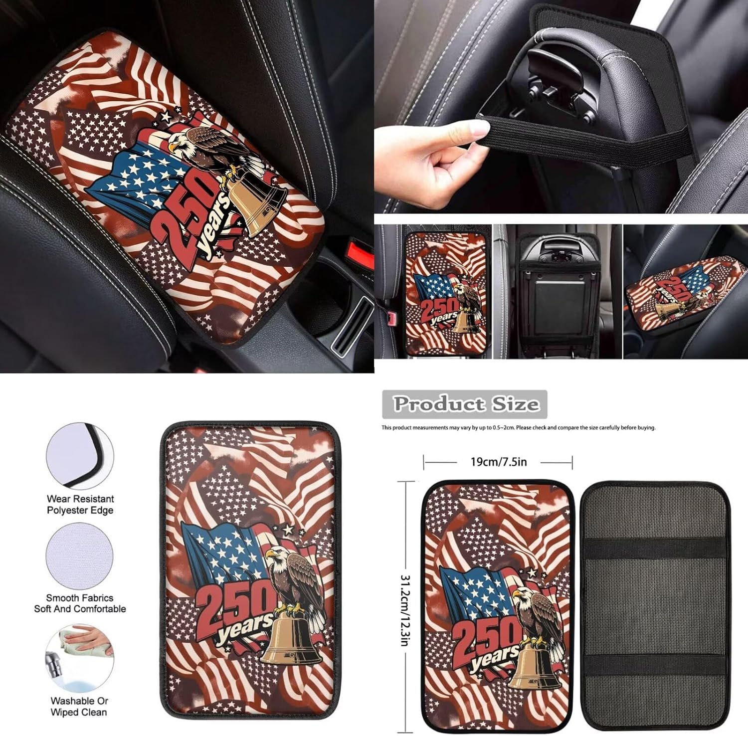 250 Years Car Seat Covers Full Set 12 Pieces, with Eagle Steering Wheel Seat Belt Covers Armrest Pad Handbrake Gear Shift Knob Cover Cup Coaster Universal Fit for 4Th of July