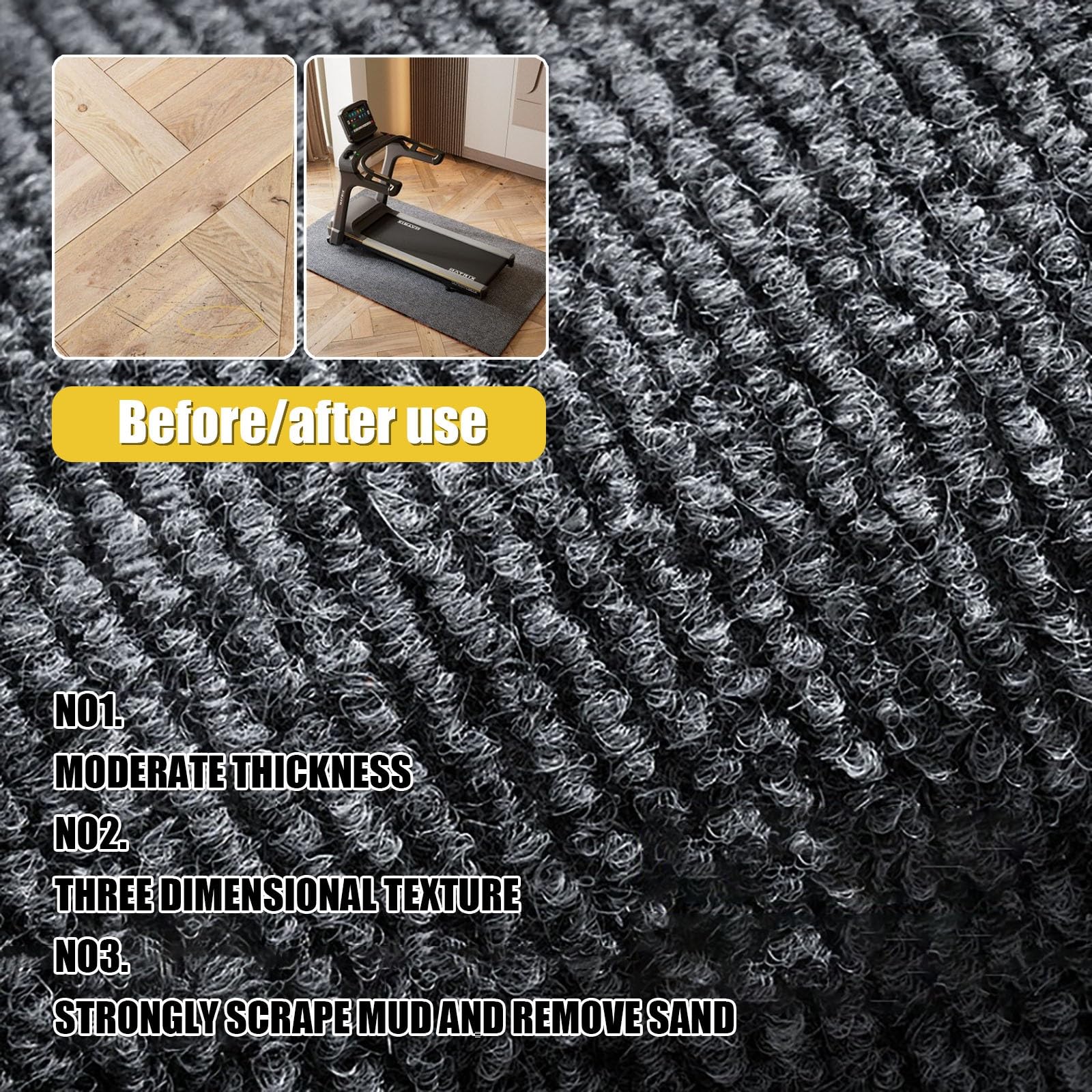Tappetino per tapis roulant, tappetino per esercizi con base in gomma antiscivolo, materiale poliestere, insonorizzazione, assorbimento degli urti, resistenza all'abrasione, protezione per il
