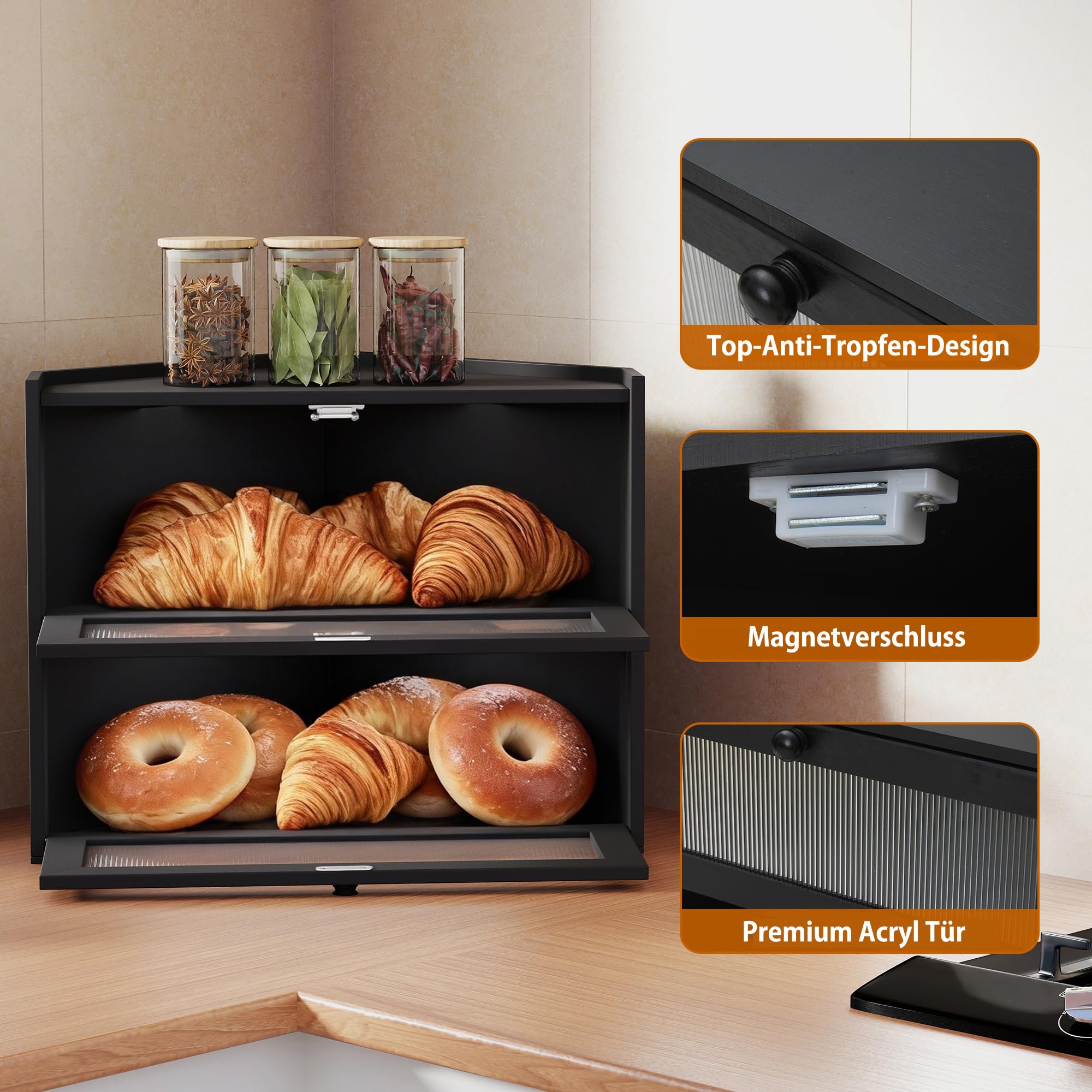 Schwarzer Eckbrotkasten 42 x 30 x 35 cm Groß Brotkasten Holz | 2 Stöckiger, Natürlicher Bambus, Klares Fenster, Frisch Halten, Tür mit Magnetverschluss, für Brot, Obst Küchen Storage
