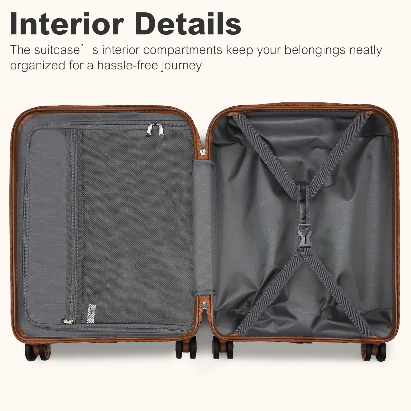 Kono Juego de Maletas de 3 Piezas Maleta de Mano ABS + PC rígida con Cerradura TSA y 4 Ruedas giratorias, 20 Inch Luggage Set, Maleta de Mano rígida Ligera para Cabina de Viaje（Negro/Marrón）