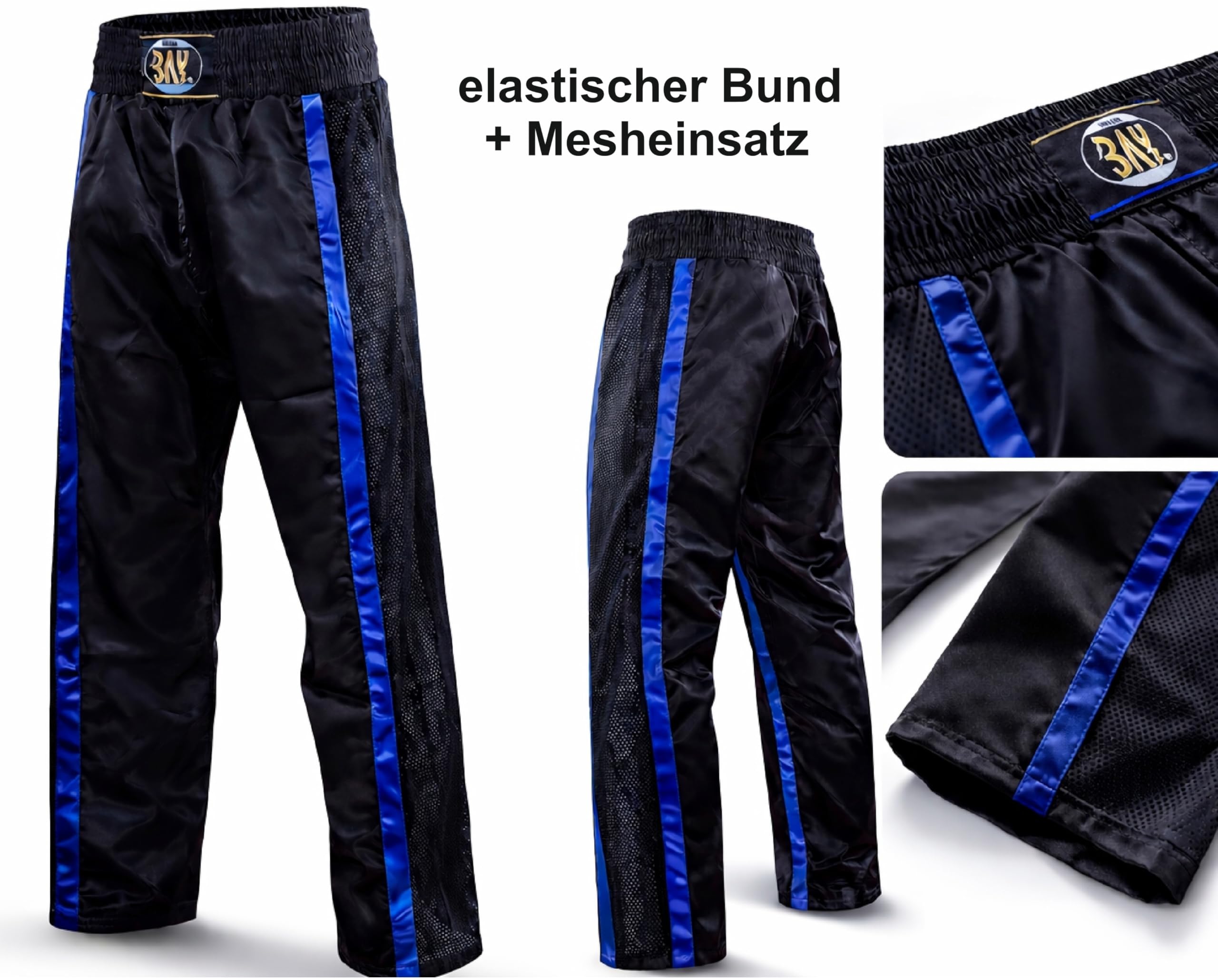 Bay Netz Mesh Kickboxhose Kampfsporthose Schwarz lang Mesh-Netzeinsatz Kontraststreifen in Blau seitlich Polyester Erwachsene Damen Herren Kinder Jungen Mädchen Größen 5XS - XXL