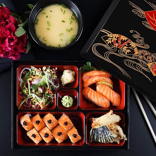 Miniatura 8 de Cabilock Bandeja de sushi japonesa con tapa sin olor, para preparación de comidas, sushi reutilizable, para escuela, oficina, viajes, color negro