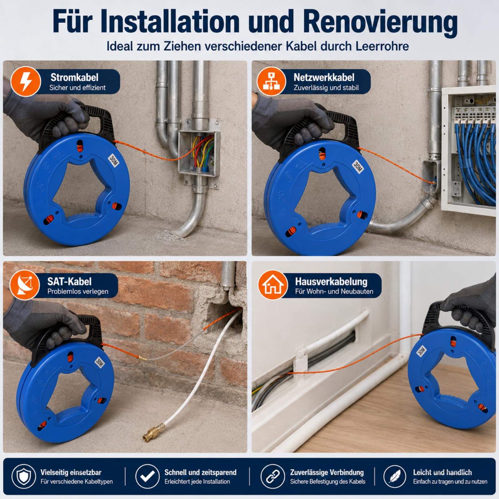 Gekufa Herramienta de extracción de cables | 30 m espiral de poliéster con cabezal de cobre y kit de accesorios de 5 piezas – para instalación eléctrica, tubos vacíos y c